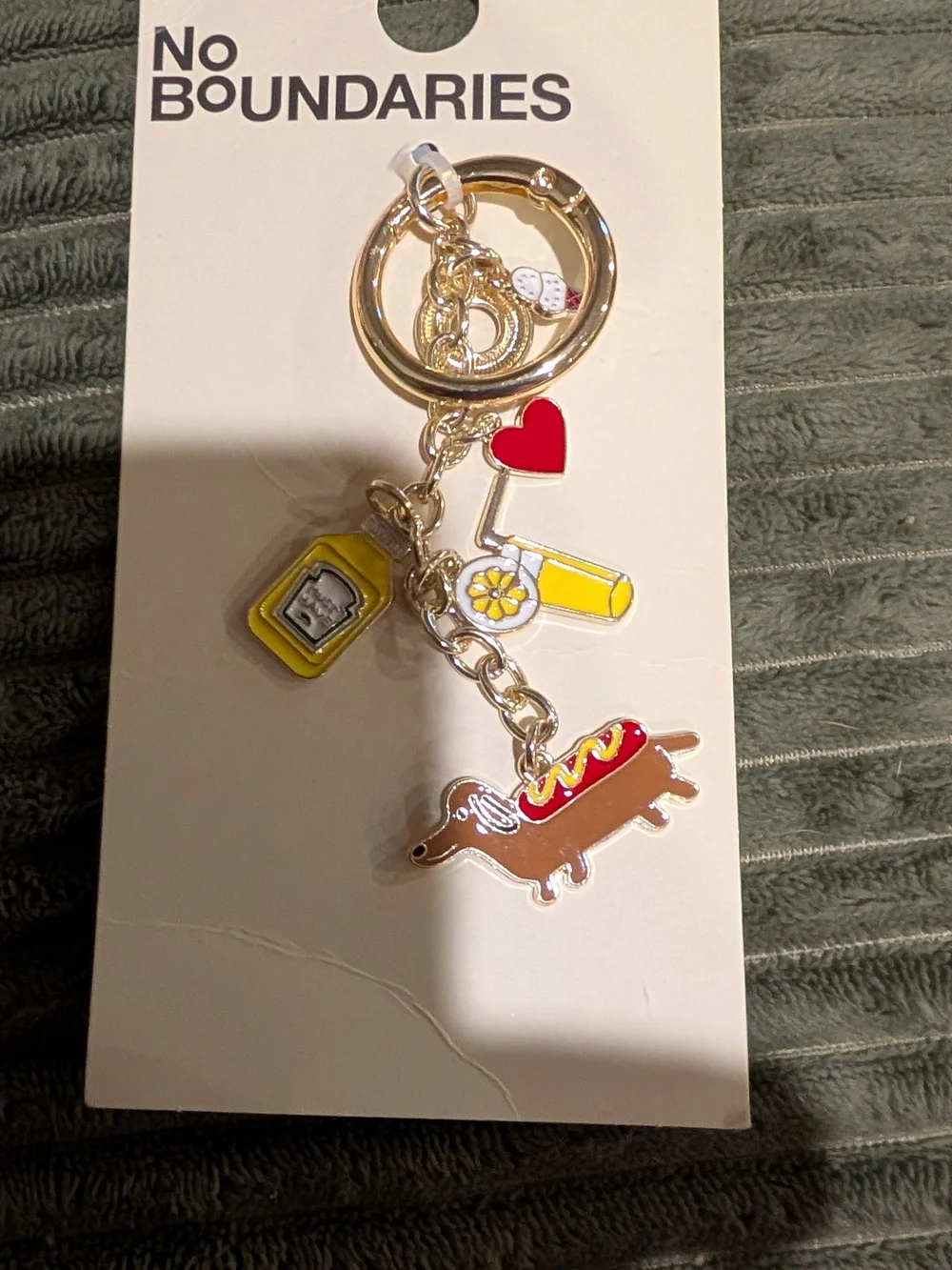 No Boundaries Yellow & Brown Dachshund Hot Dog Charm Keychain with Red Heart